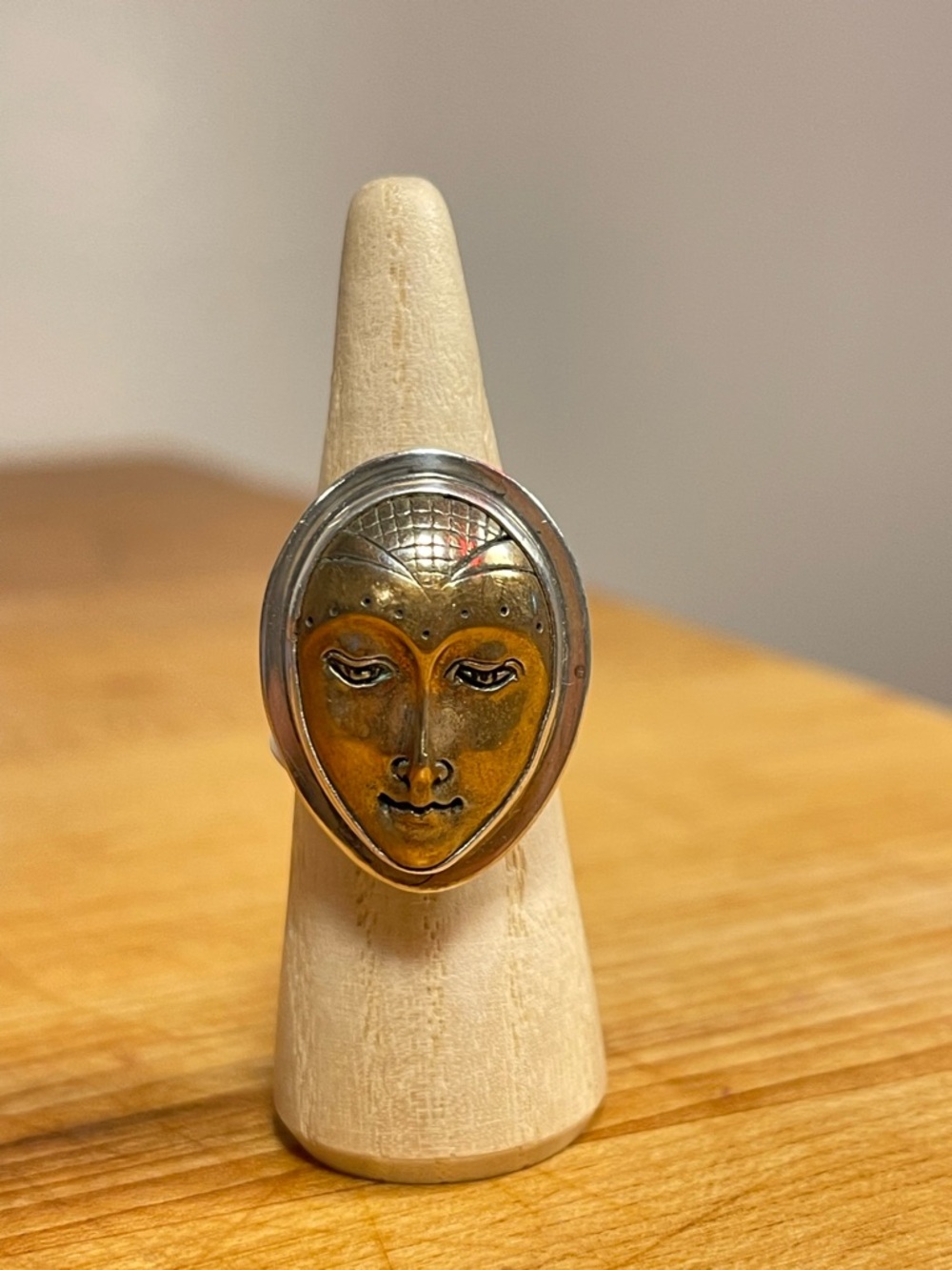 TABRA Ring: 925 Sterling Lady Buddha  Artisan Face Mask Ring in Two-Tone Metal